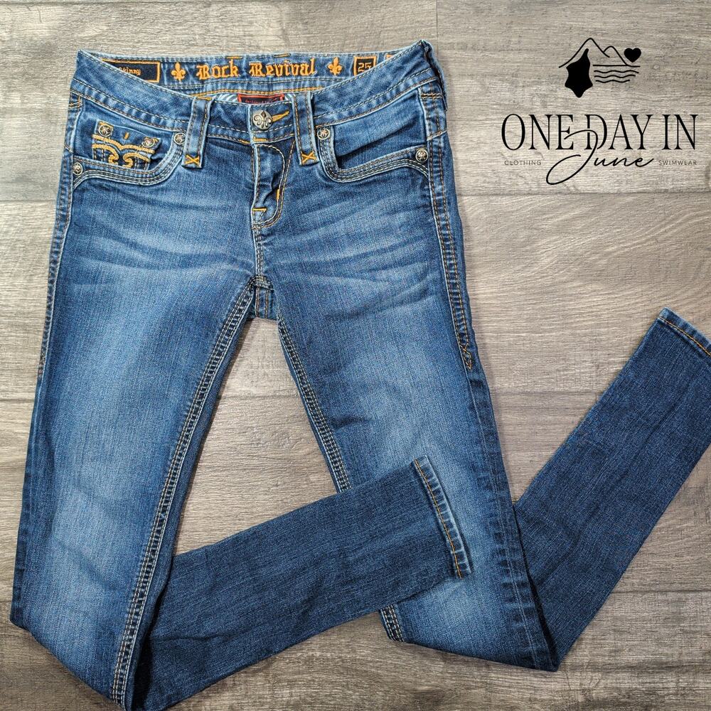 Rock Revival Calli Skinny Jeans Medium Wash Fleur de Lis Embellished Size 0 (25)